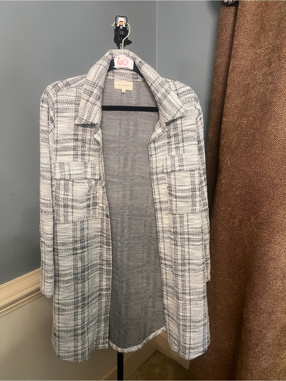 MELLODAY White and Gray Plaid Open-Front Cardigan
